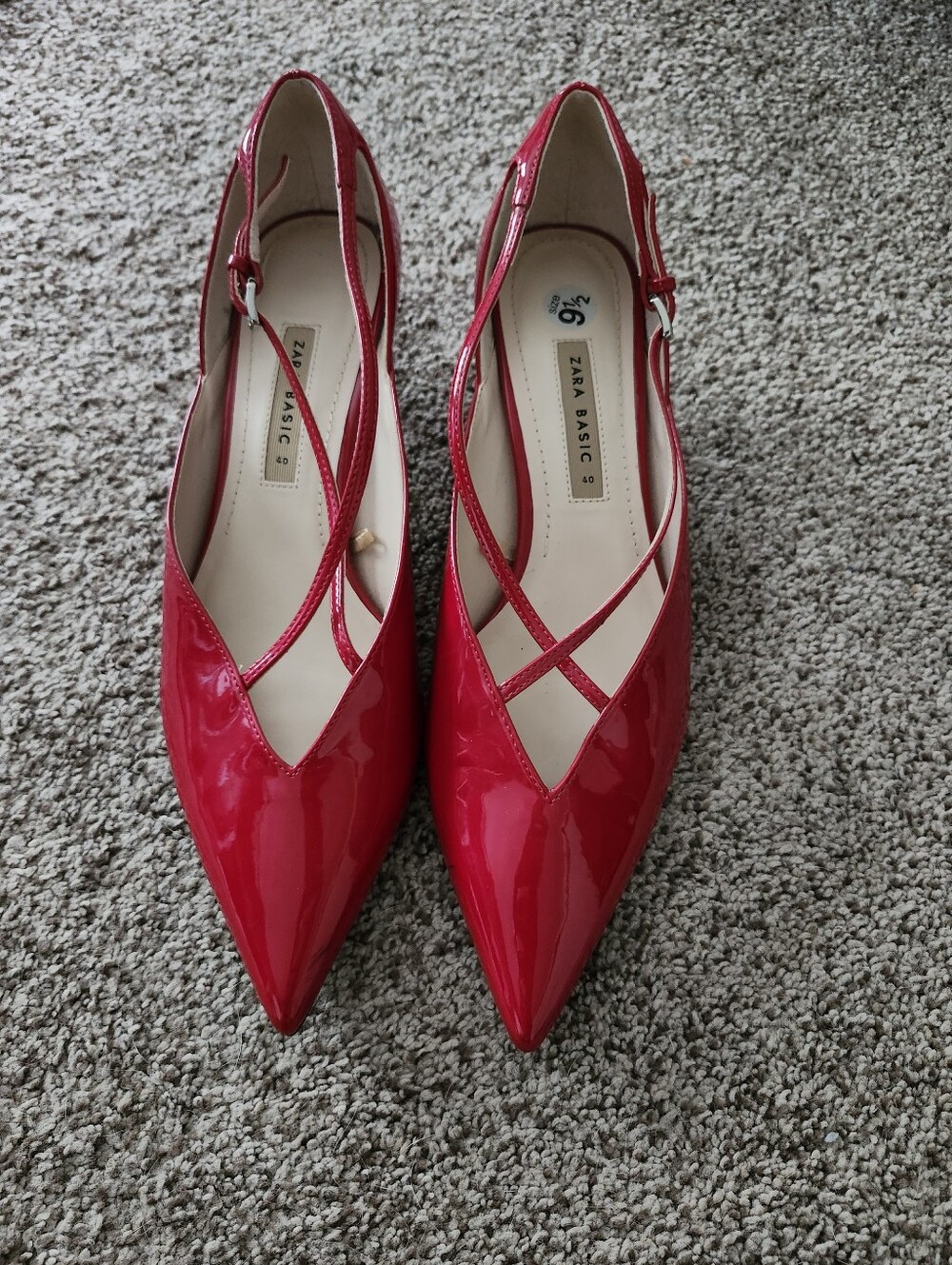 Zara Red Patent Pointed Slingback Kitten Heel with Crisscross Straps Sz 9